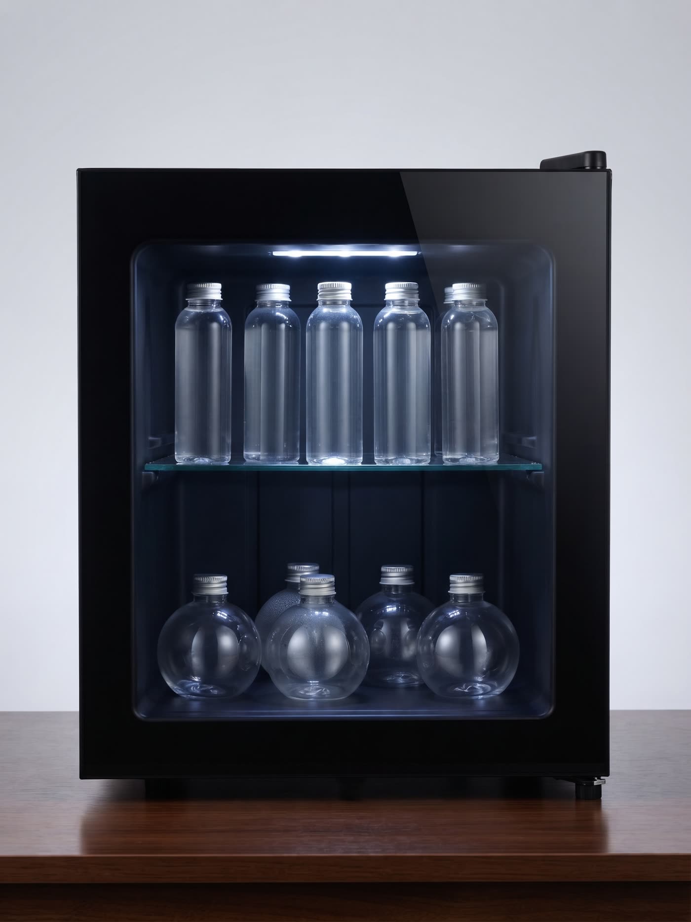 The Magiquoal-D+ machine: a black glass-fronted fridge with vials of water held liquid below freezing, lit from inside.